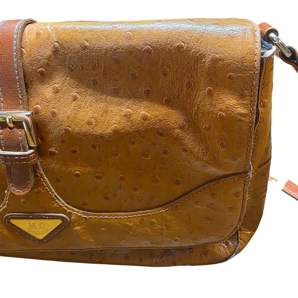 Y2K Vintage M.C. Faux Ostrich Embossed Shoulder Bag Cognac Brown Buckle Flap